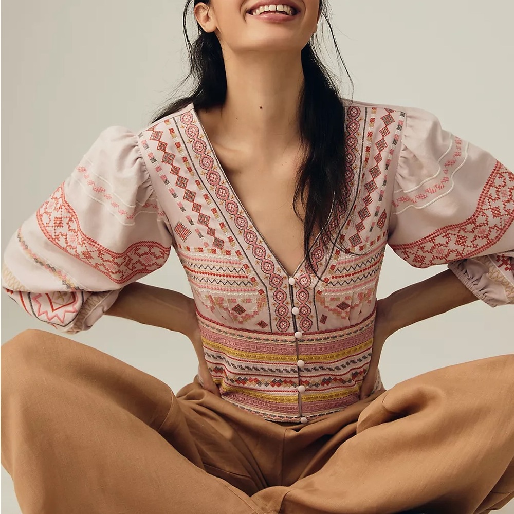 Anthropologie Embroidered Peasant Blouse in Pink and Tan
